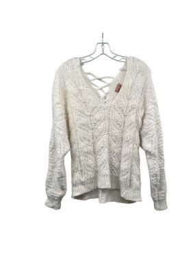 Willow+Root Womens Fuzzy Knit Sweater Crisscross Back Off White Size Medium